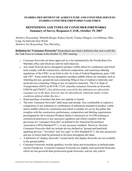 DEFINITIONS and TYPES of CONSUMER FIREWORKS Summary of Survey Responses C.O.B., October 19, 2007