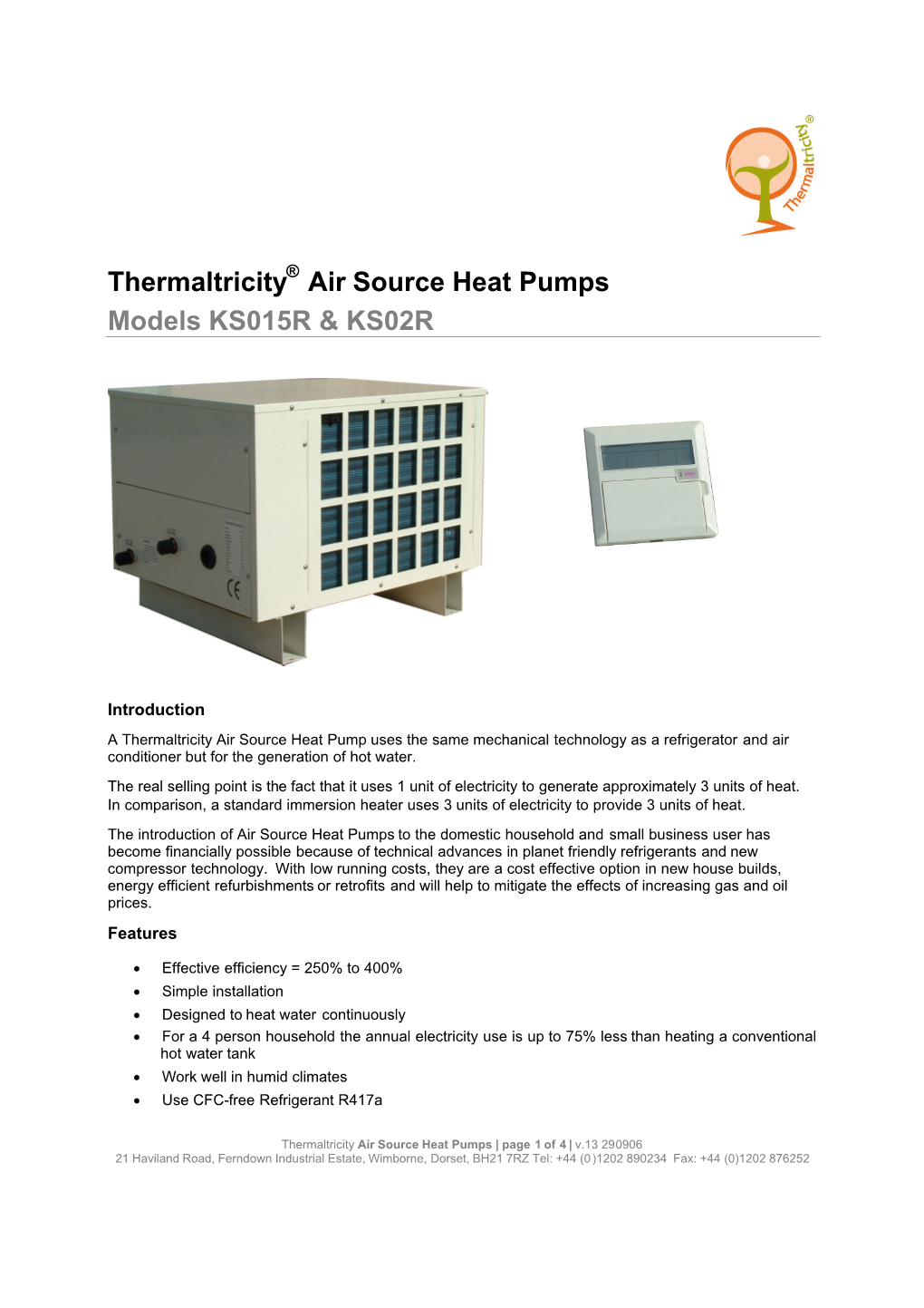 Thermaltricity Air Source Heat Pumps Models KS015R & KS02R