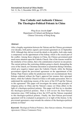 True Catholic and Authentic Chinese: the Theologico-Political Polemic in China