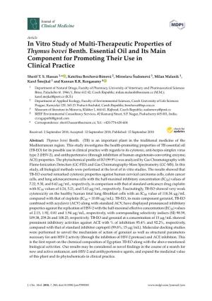In Vitro Study of Multi-Therapeutic Properties of Thymus Bovei Benth
