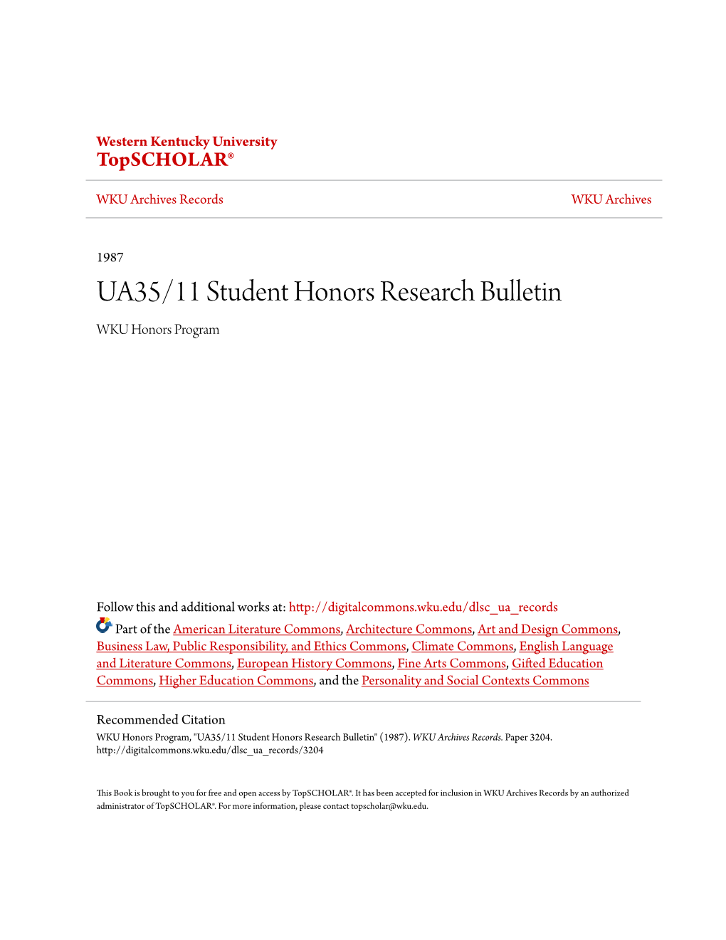 UA35/11 Student Honors Research Bulletin WKU Honors Program