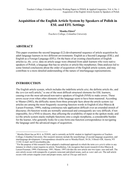 Acquisition of the English Article System by Speakers of Polish in ESL and EFL Settings