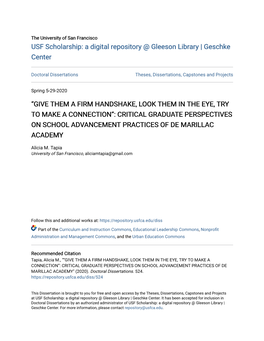 Give Them a Firm Handshake, Look Them in the Eye, Try to Make a Connection”: Critical Graduate Perspectives on School Advancement Practices of De Marillac Academy