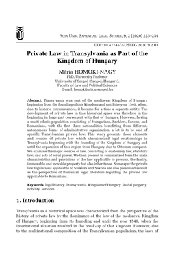 Private Law in Transylvania As Part of the Kingdom of Hungary
