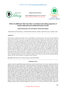 Effect of Additional White Bean Flour on Chemical and Staling Properties of Iranian Industrial and Traditional Barbari Breads