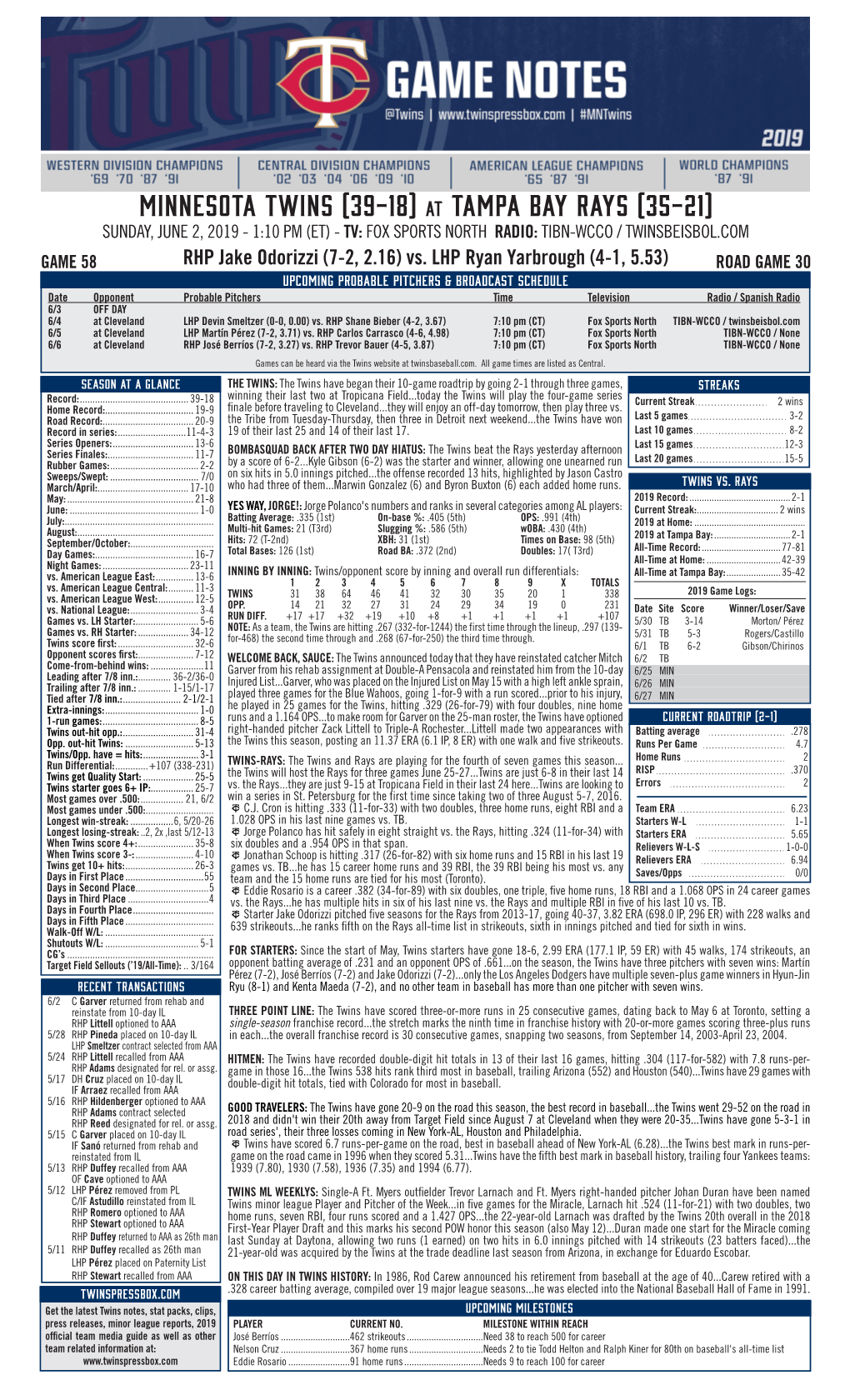 Minnesota Twins (39-18) at Tampa Bay Rays