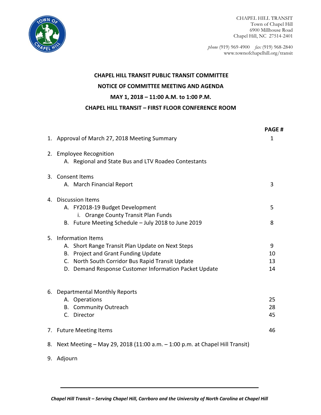 Chapel Hill Transit Public Transit Committee Notice of Committee Meeting and Agenda May 1, 2018 – 11:00 A.M