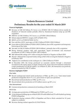 Vedanta Resources Limited Preliminary Results for the Year