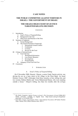 Case Notes the Public Committee Against Torture in Israel V the Government of Israel*