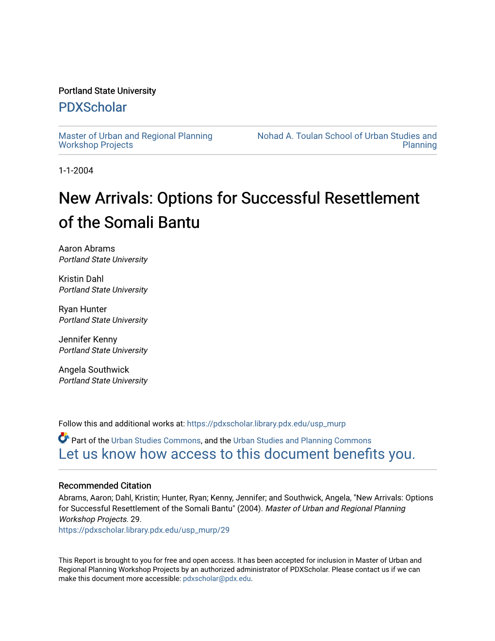 Options for Successful Resettlement of the Somali Bantu