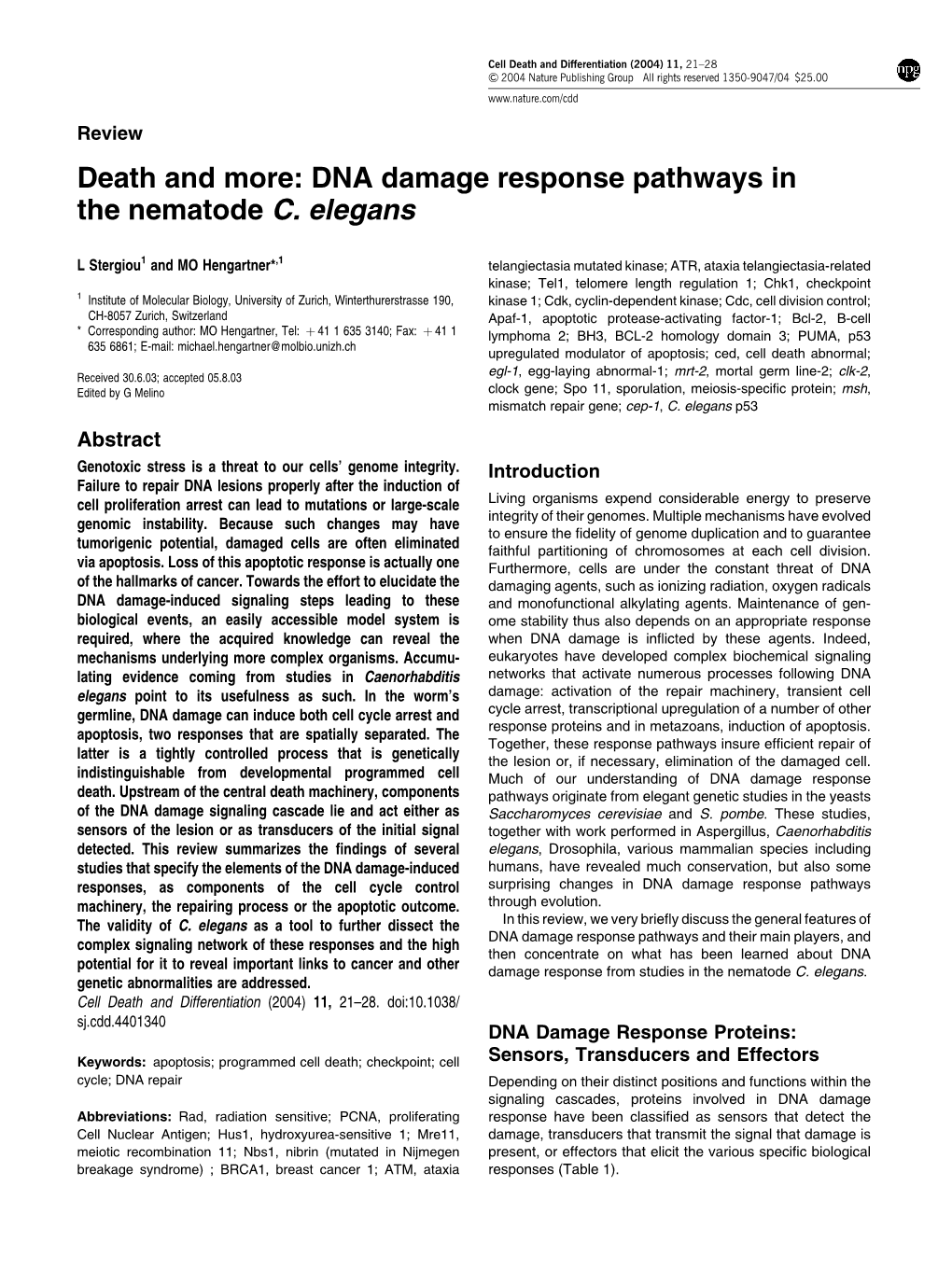 DNA Damage Response Pathways in the Nematode C. Elegans