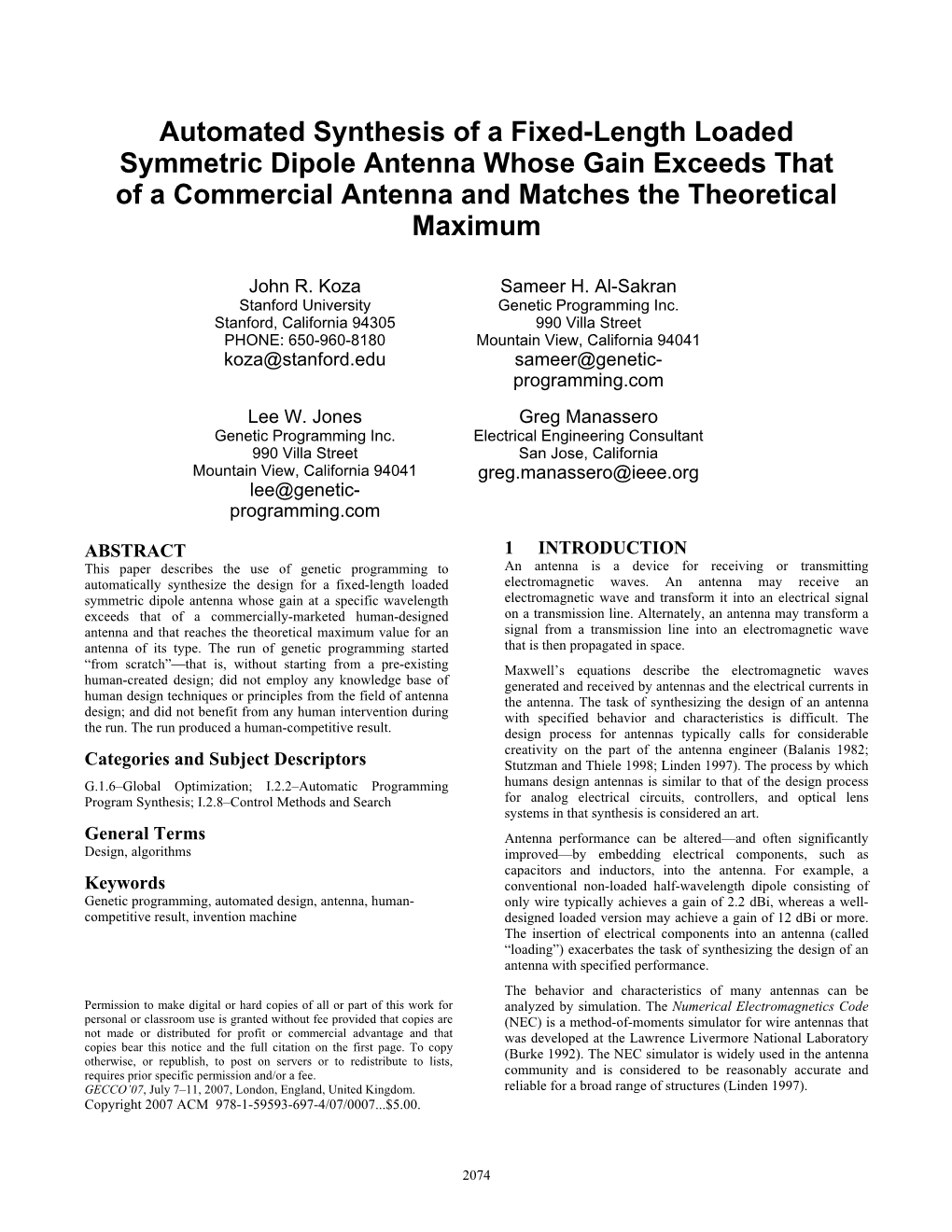 Automated Synthesis of a Fixed-Length Loaded Symmetric Dipole Antenna Whose Gain Exceeds That of a Commercial Antenna and Matches the Theoretical Maximum