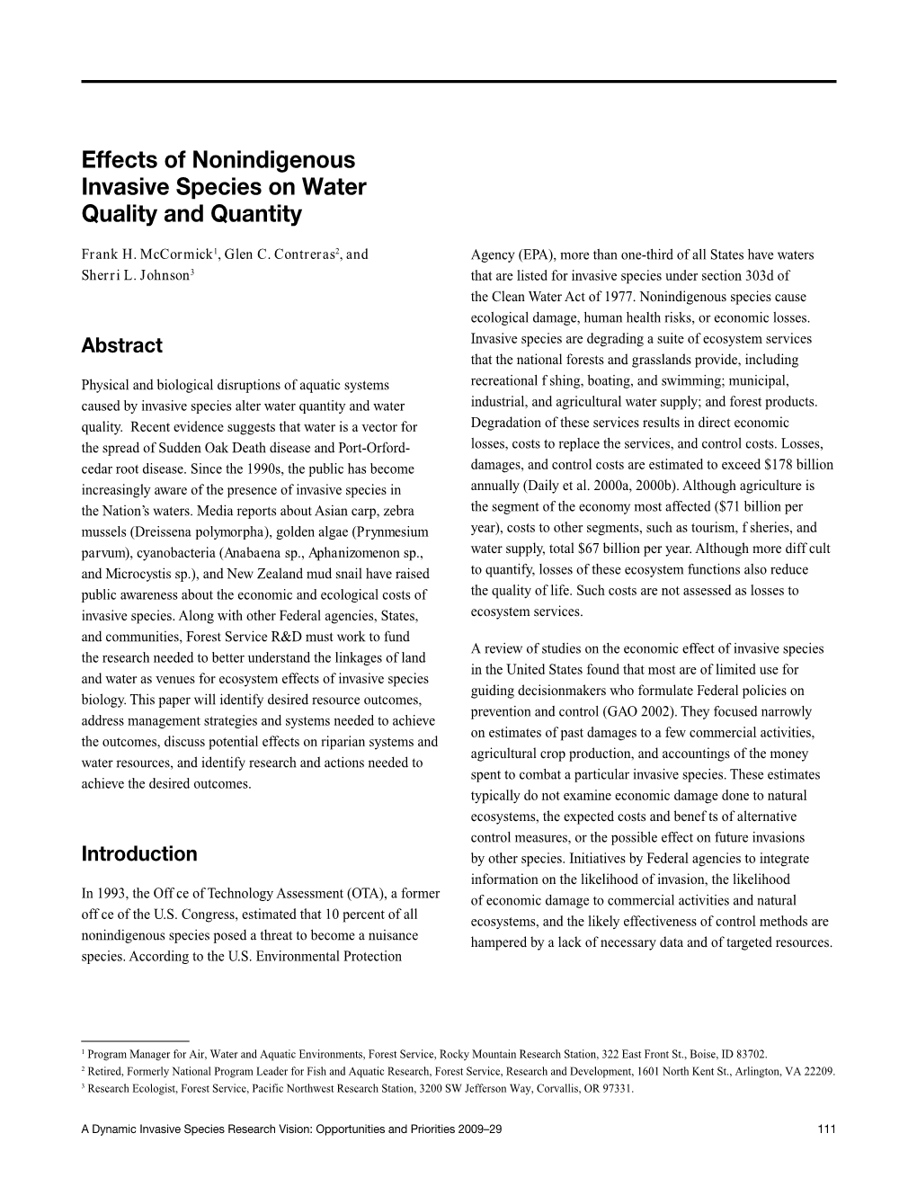 Effects of Nonindigenous Invasive Species on Water Quality and Quantity