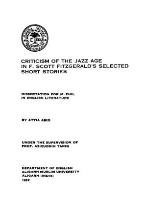 Criticism of the Jazz Age in F. Scott Fitzgerald's Selected Short Stories