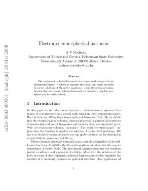 Electrodynamic Spherical Harmonic: Deﬁ- Nition and Properties