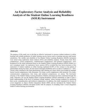 An Exploratory Factor Analysis and Reliability Analysis of the Student Online Learning Readiness (SOLR) Instrument