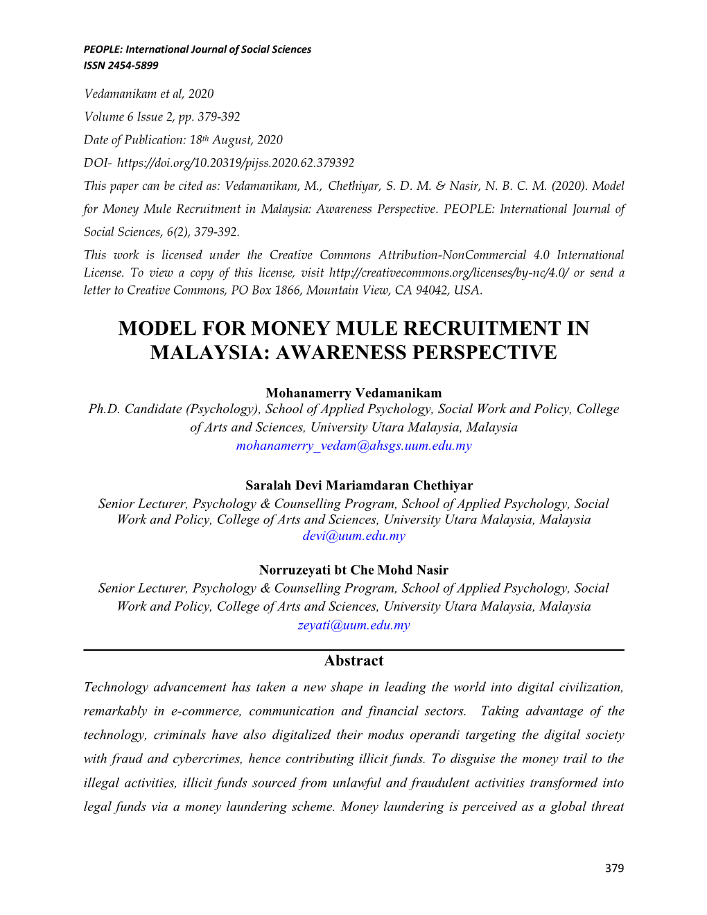 Model for Money Mule Recruitment in Malaysia: Awareness Perspective