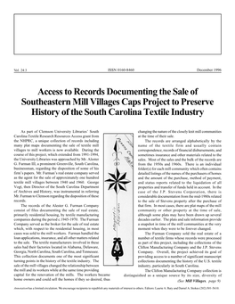 Access to Records Documenting the Sale of Southeastern Mill Villages Caps Project to Preserve History of the South Carolina Textile Industry