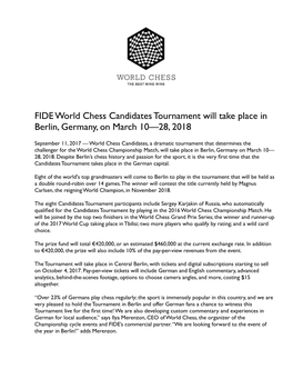 FIDE World Chess Candidates Tournament Will Take Place in Berlin, Germany, on March 10—28, 2018