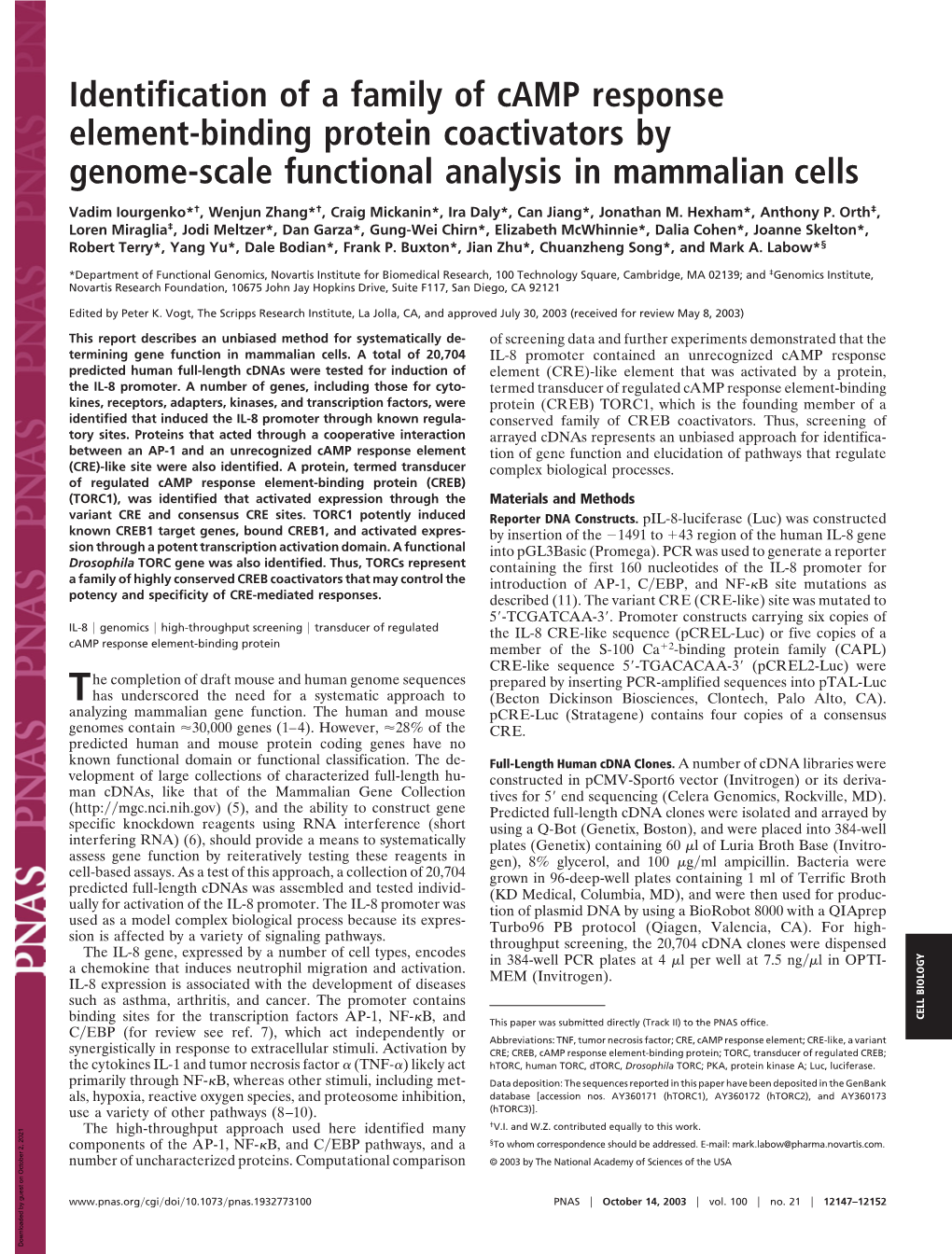 Identification of a Family of Camp Response Element-Binding Protein Coactivators by Genome-Scale Functional Analysis in Mammalian Cells