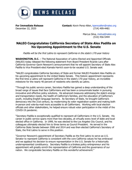 NALEO Congratulates California Secretary of State Alex Padilla on His Upcoming Appointment to the U.S