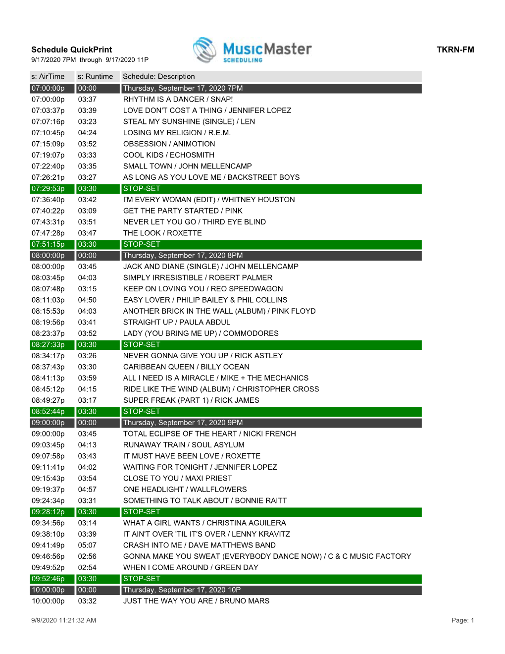 Schedule Quickprint TKRN-FM