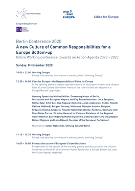 Berlin Conference 2020 a New Culture of Common Responsibilities for a Europe Bottom-Up Online Working Conference Towards an Action Agenda 2020 - 2023