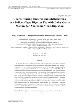 Characterizing Bacteria and Methanogens in a Balloon-Type Digester Fed with Dairy Cattle Manure for Anaerobic Mono-Digestion