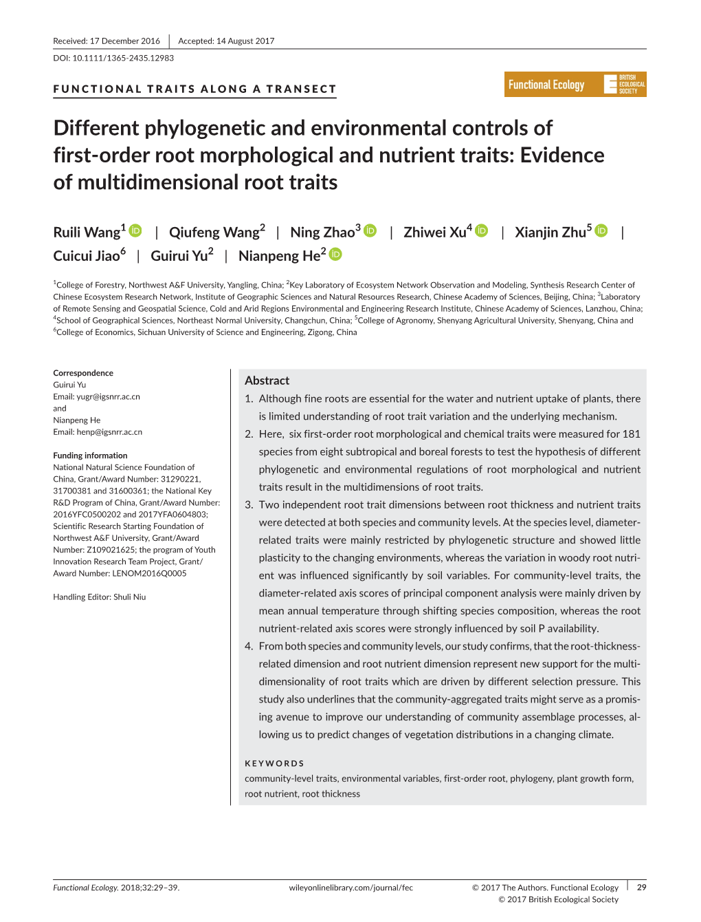 Different Phylogenetic and Environmental Controls of First‐Order
