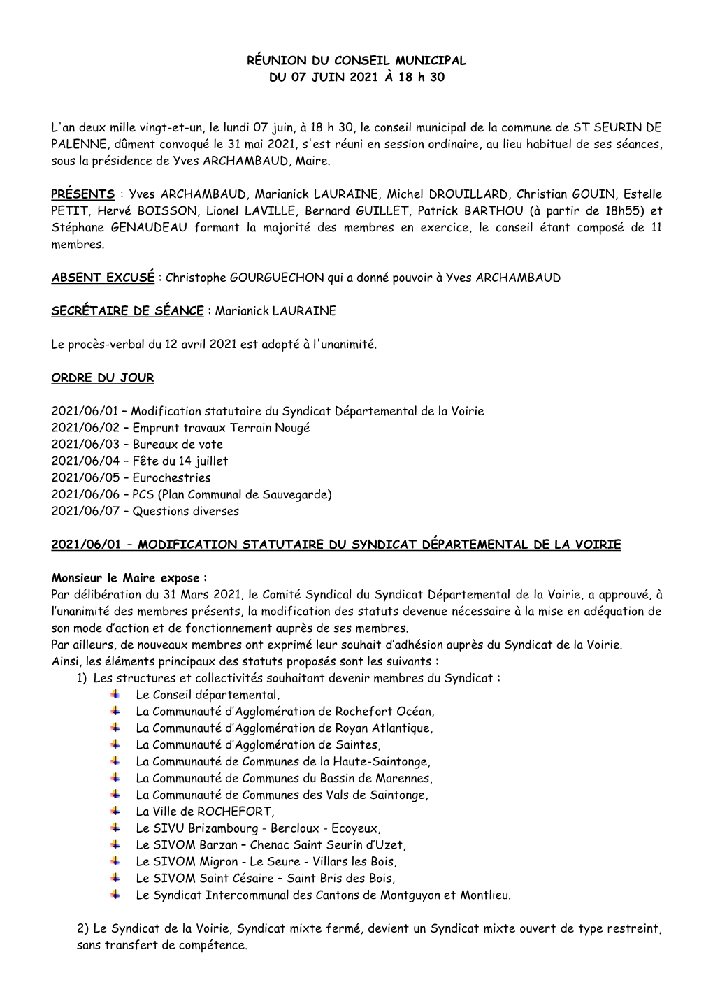 Réunion De Conseil Municipal Du 07 Juin 2021.Pdf