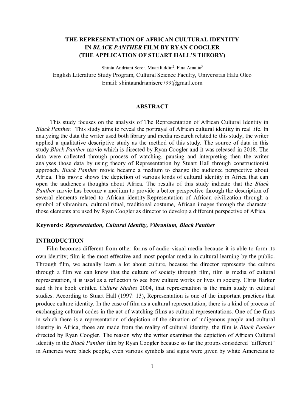 The Representation of African Cultural Identity in Black Panther Film by Ryan Coogler (The Application of Stuart Hall’S Theory)