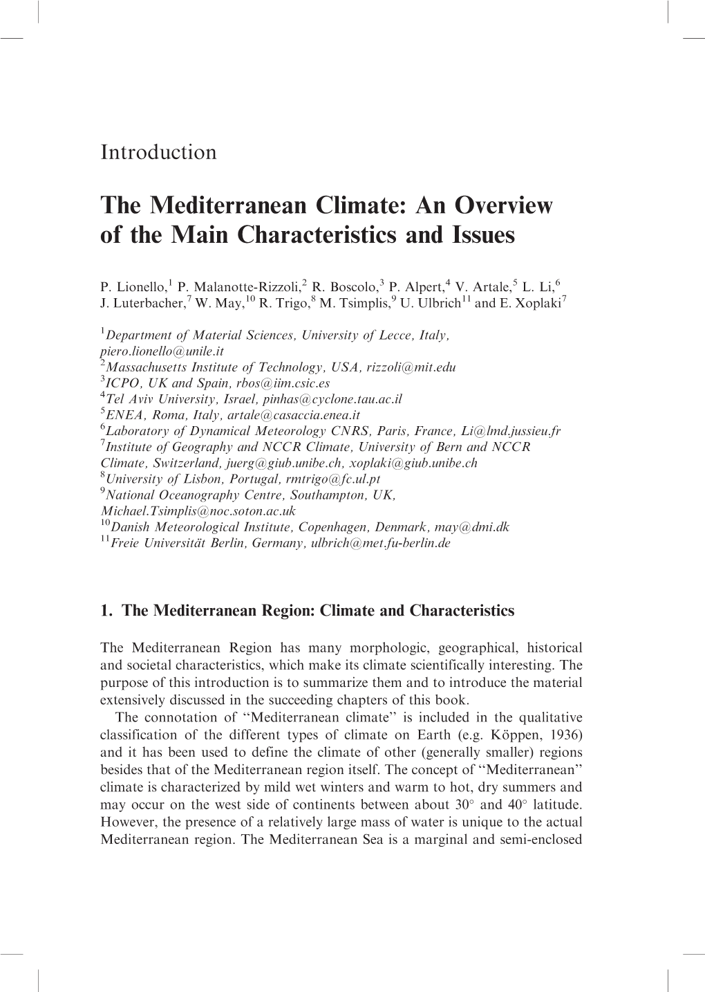 The Mediterranean Climate: an Overview of the Main Characteristics and Issues