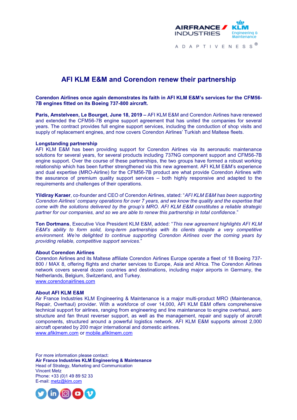 AFI KLM E&M and Corendon Renew Their Partnership