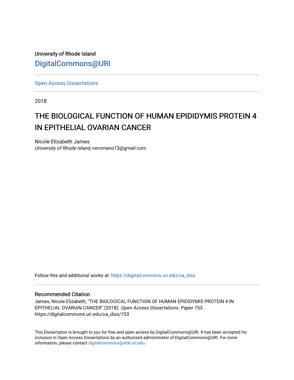 The Biological Function of Human Epididymis Protein 4 in Epithelial Ovarian Cancer