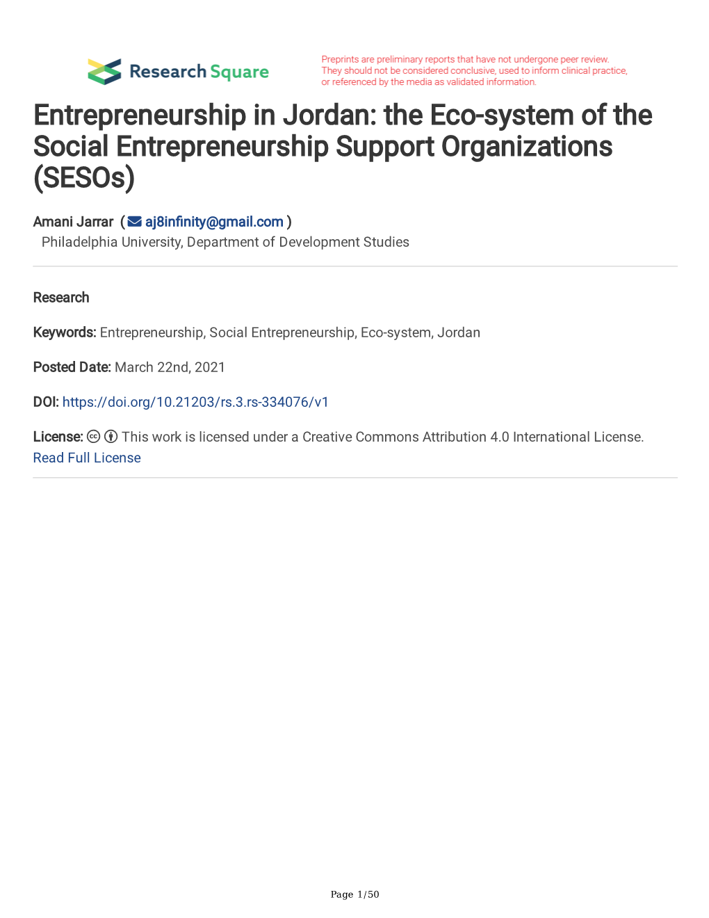 Entrepreneurship in Jordan: the Eco-System of the Social Entrepreneurship Support Organizations (Sesos)