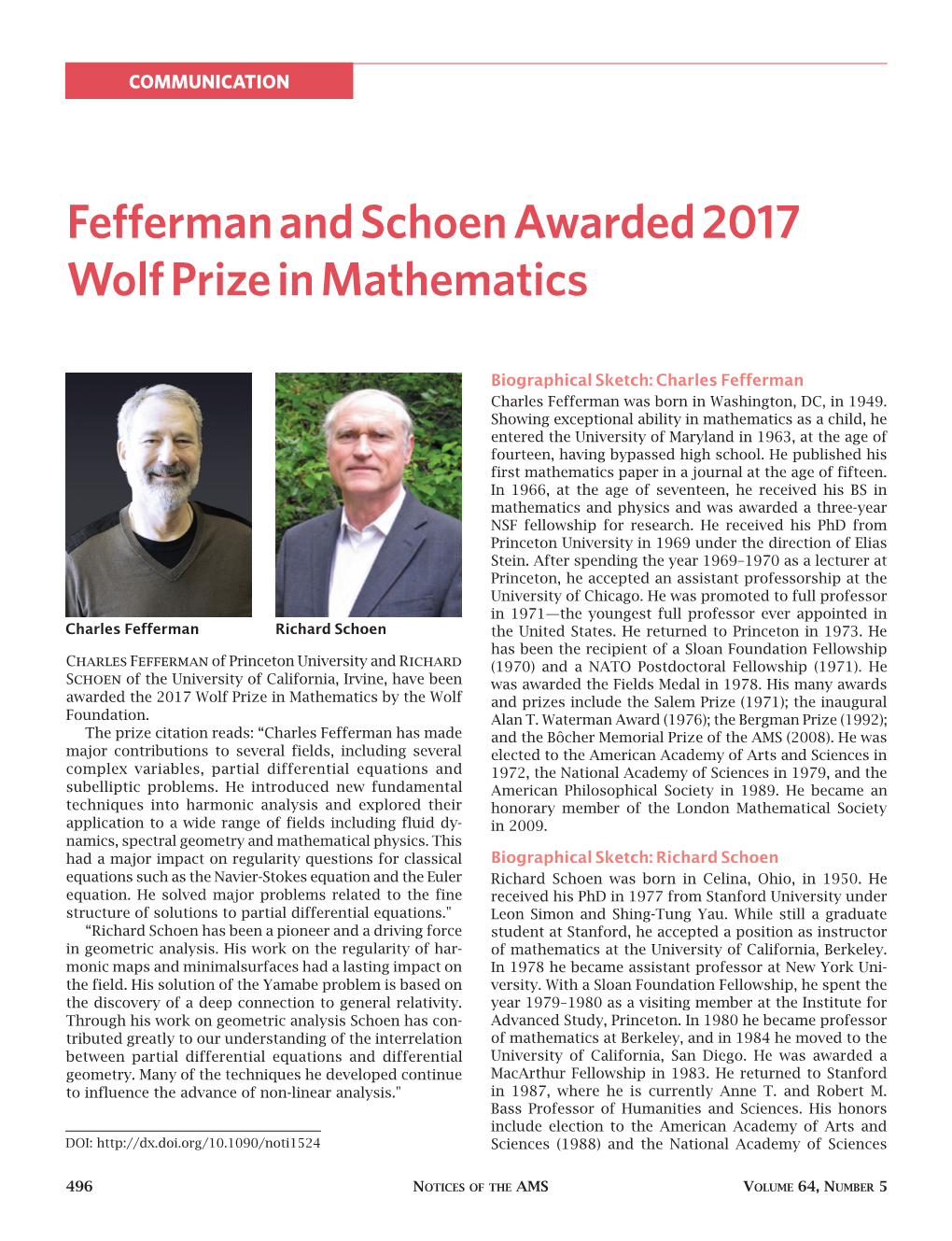 Fefferman and Schoen Awarded 2017 Wolf Prize in Mathematics