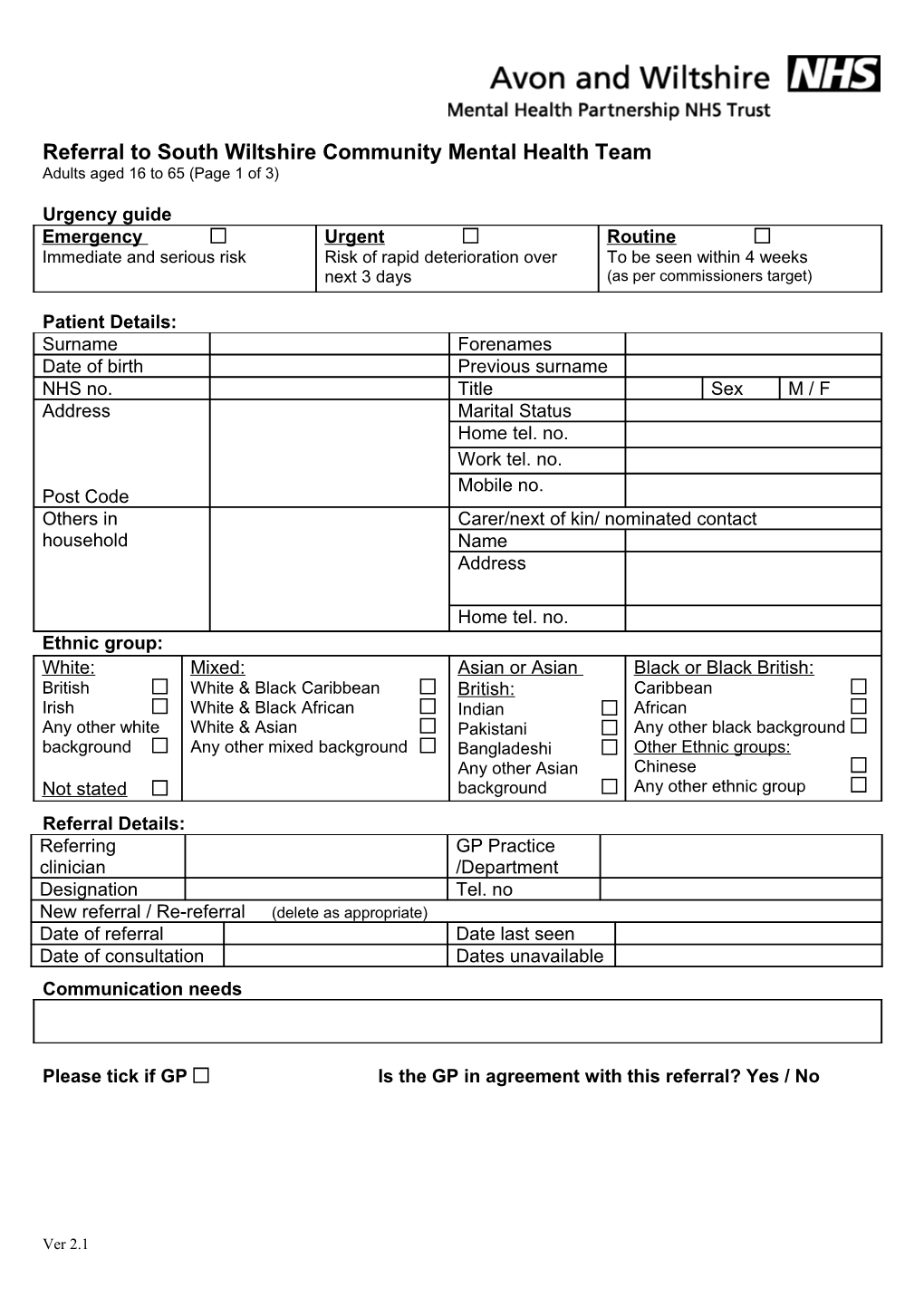 Referral to South Wiltshire Community Mental Health Team