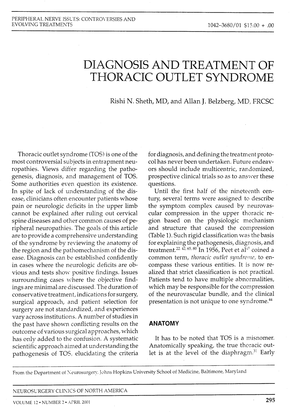 Diagnosis and Treatment of Thoracic Outlet Syndrome