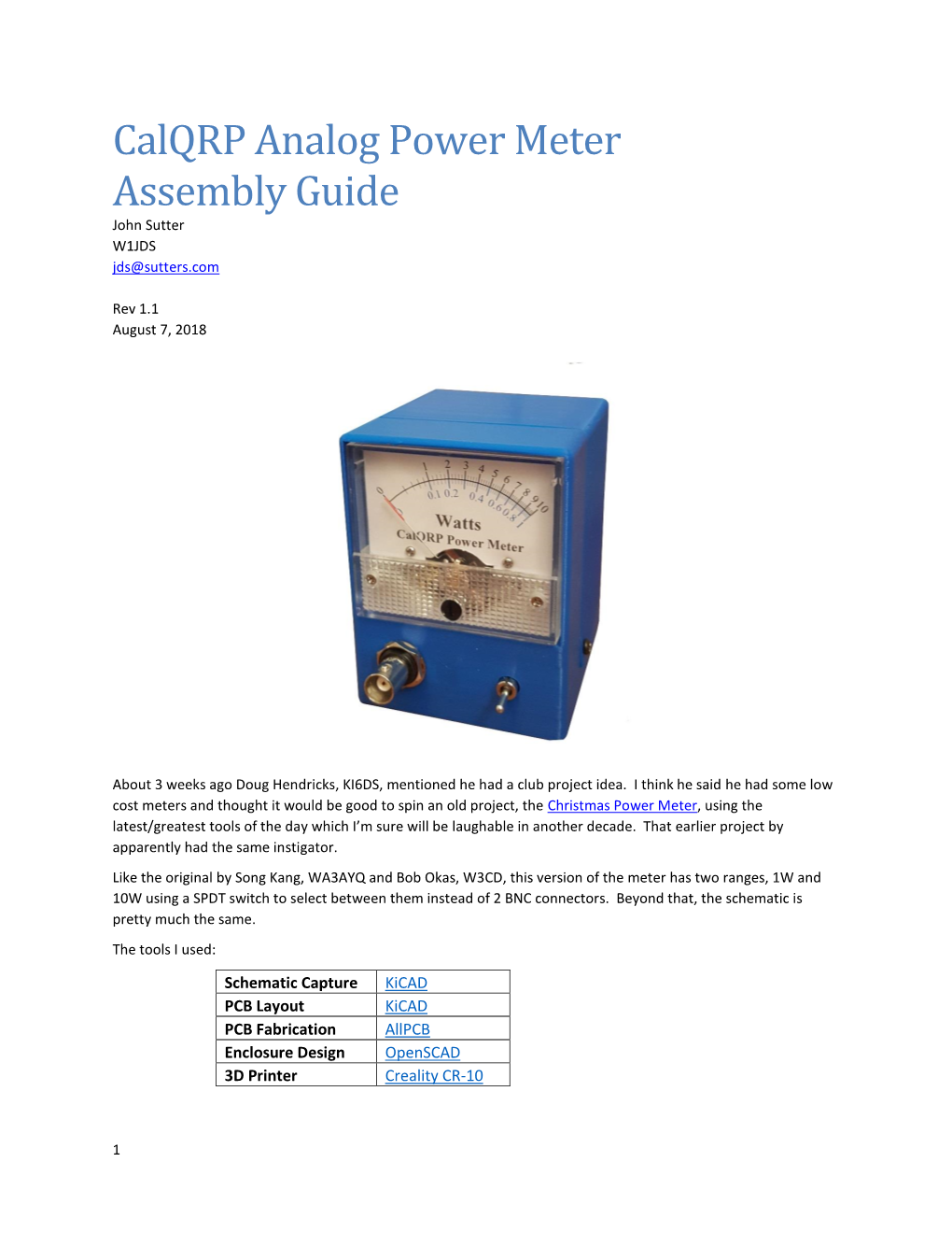 Calqrp Analog Power Meter Assembly Guide John Sutter W1JDS Jds@Sutters.Com