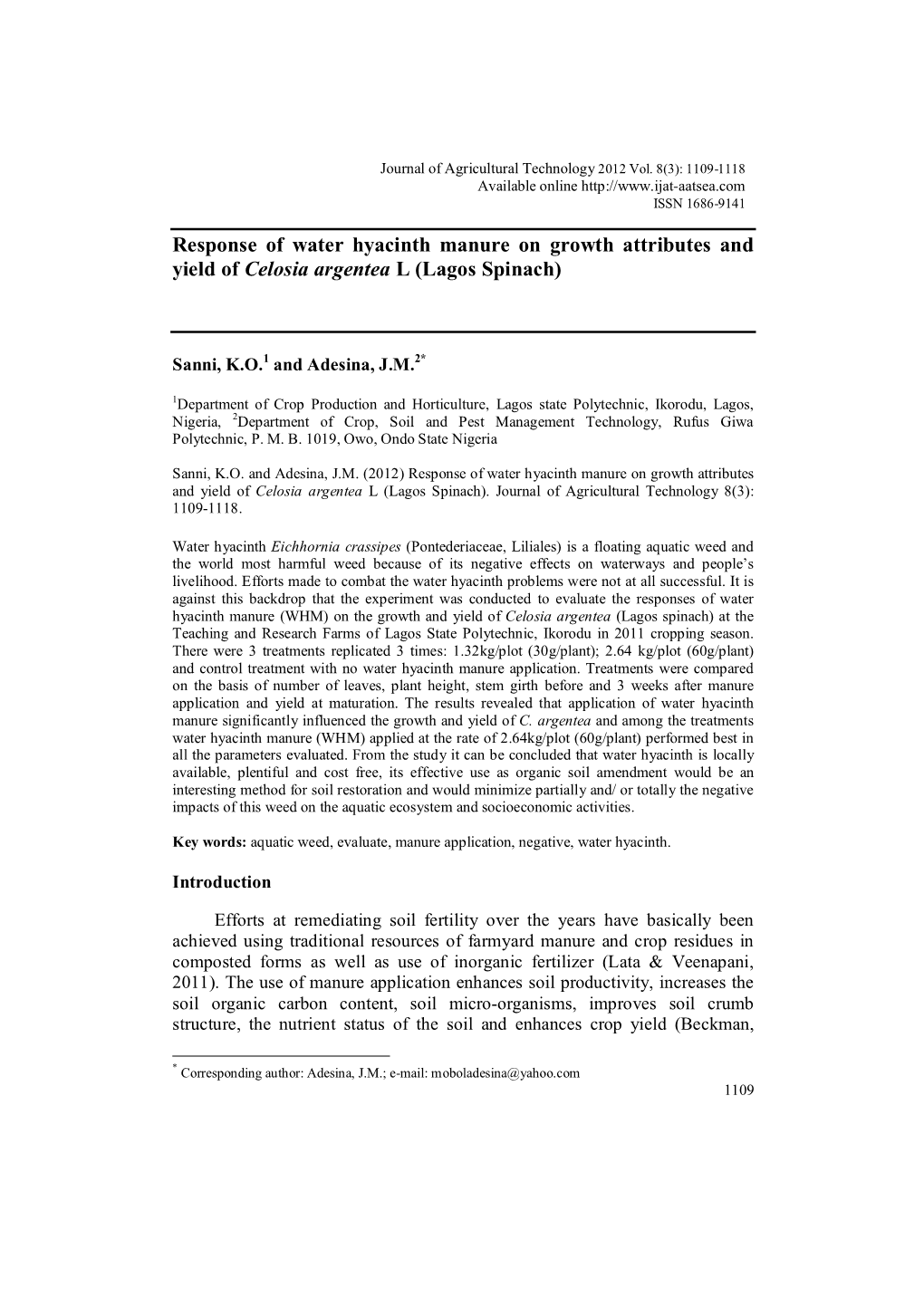 Response of Water Hyacinth Manure on Growth Attributes and Yield of Celosia Argentea L (Lagos Spinach)