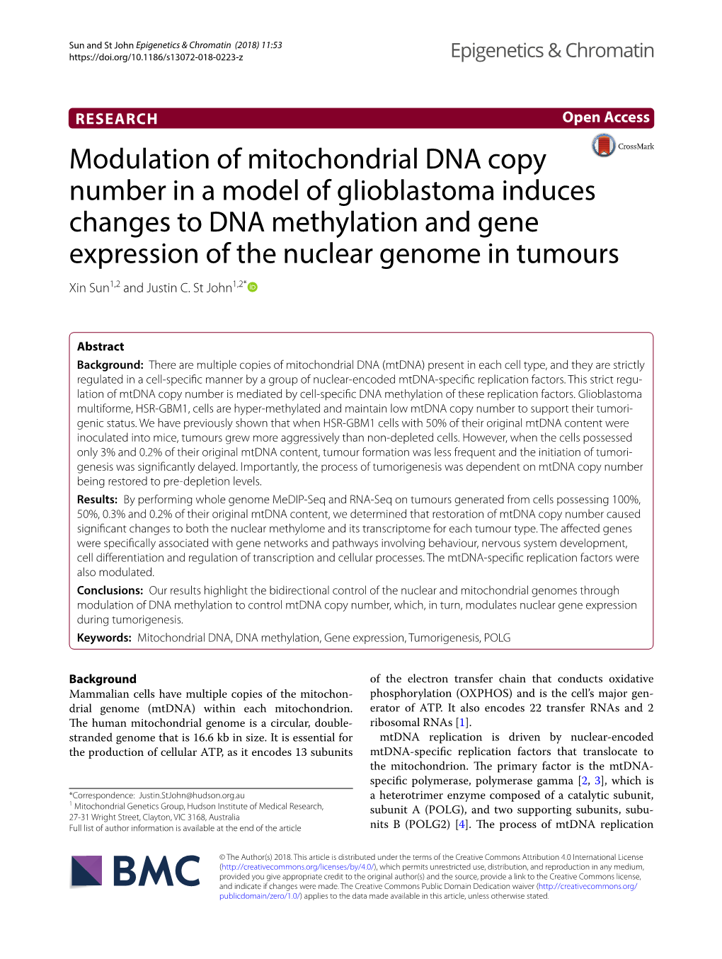 Modulation of Mitochondrial DNA Copy Number in a Model of Glioblastoma