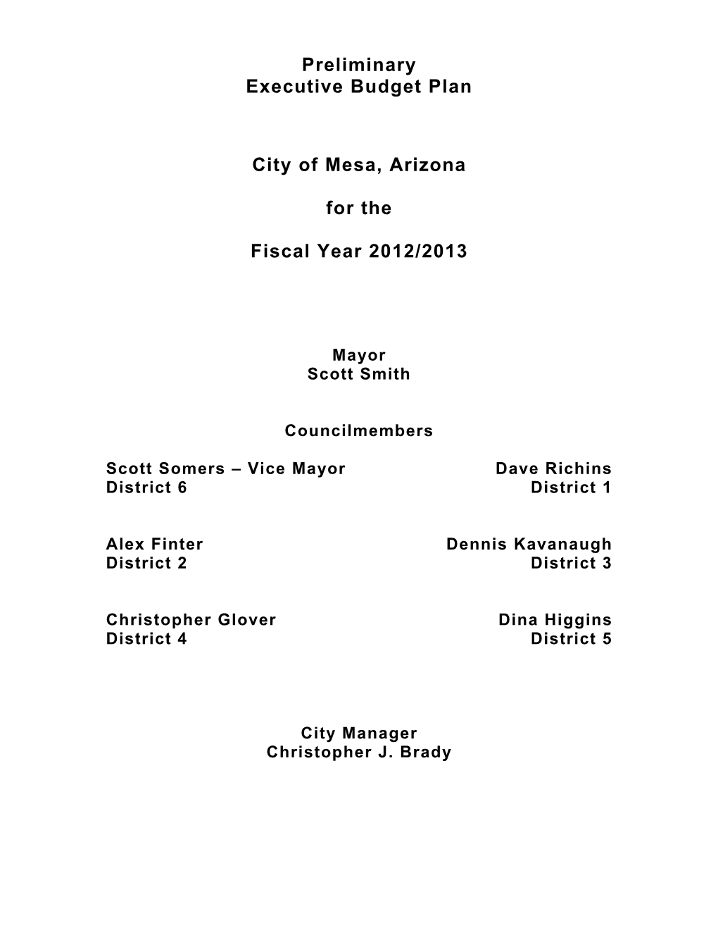 City of Mesa Preliminary Executive Budget Plan