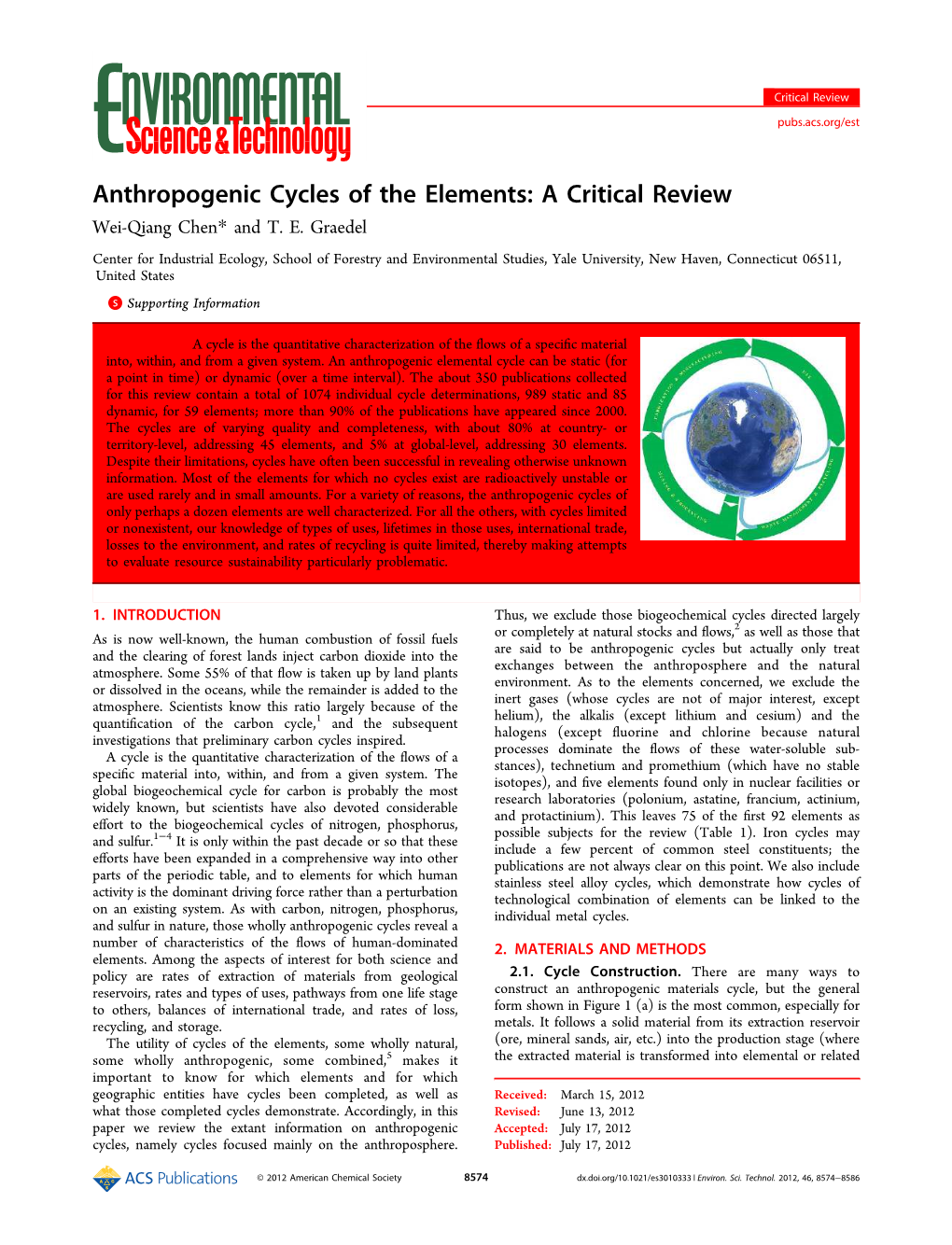 Anthropogenic Cycles of the Elements: a Critical Review Wei-Qiang Chen* and T