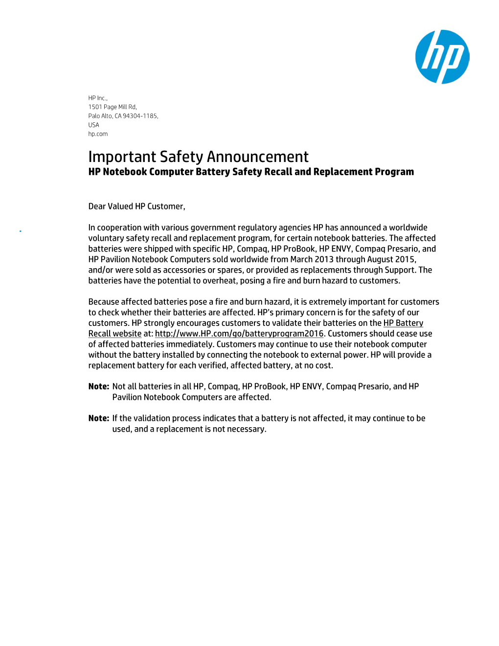HP Notebook Battery Safety Recall and Replacement Program Please Contact HP Via Contact Us on HP Battery Recall Website At