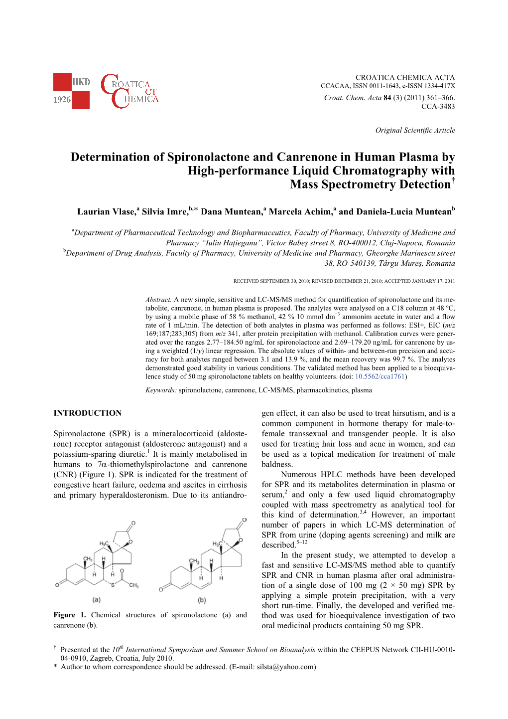 Determination of Spironolactone and Canrenone in Human Plasma by High-Performance Liquid Chromatography with Mass Spectrometry Detection†