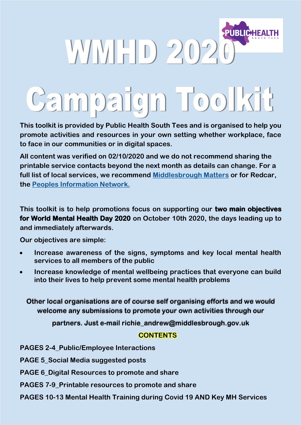 This Toolkit Is Provided by Public Health South Tees and Is Organised