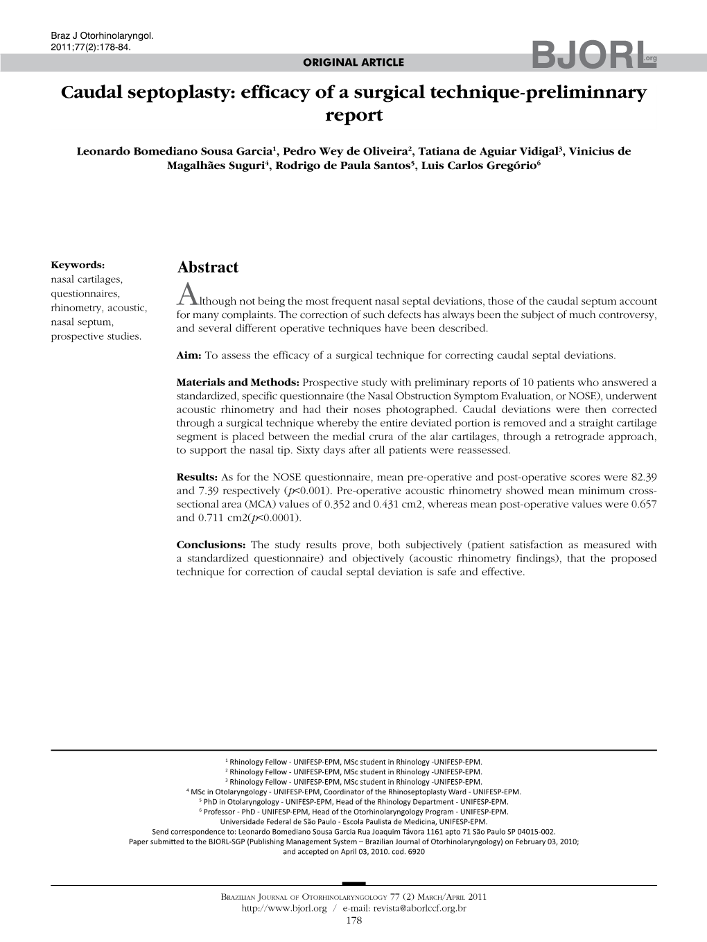 Caudal Septoplasty: Efficacy of a Surgical Technique-Preliminnary Report