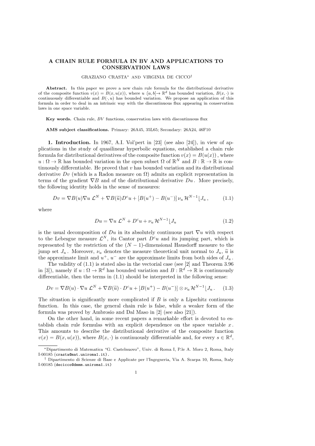 A Chain Rule Formula in Bv and Applications to Conservation Laws