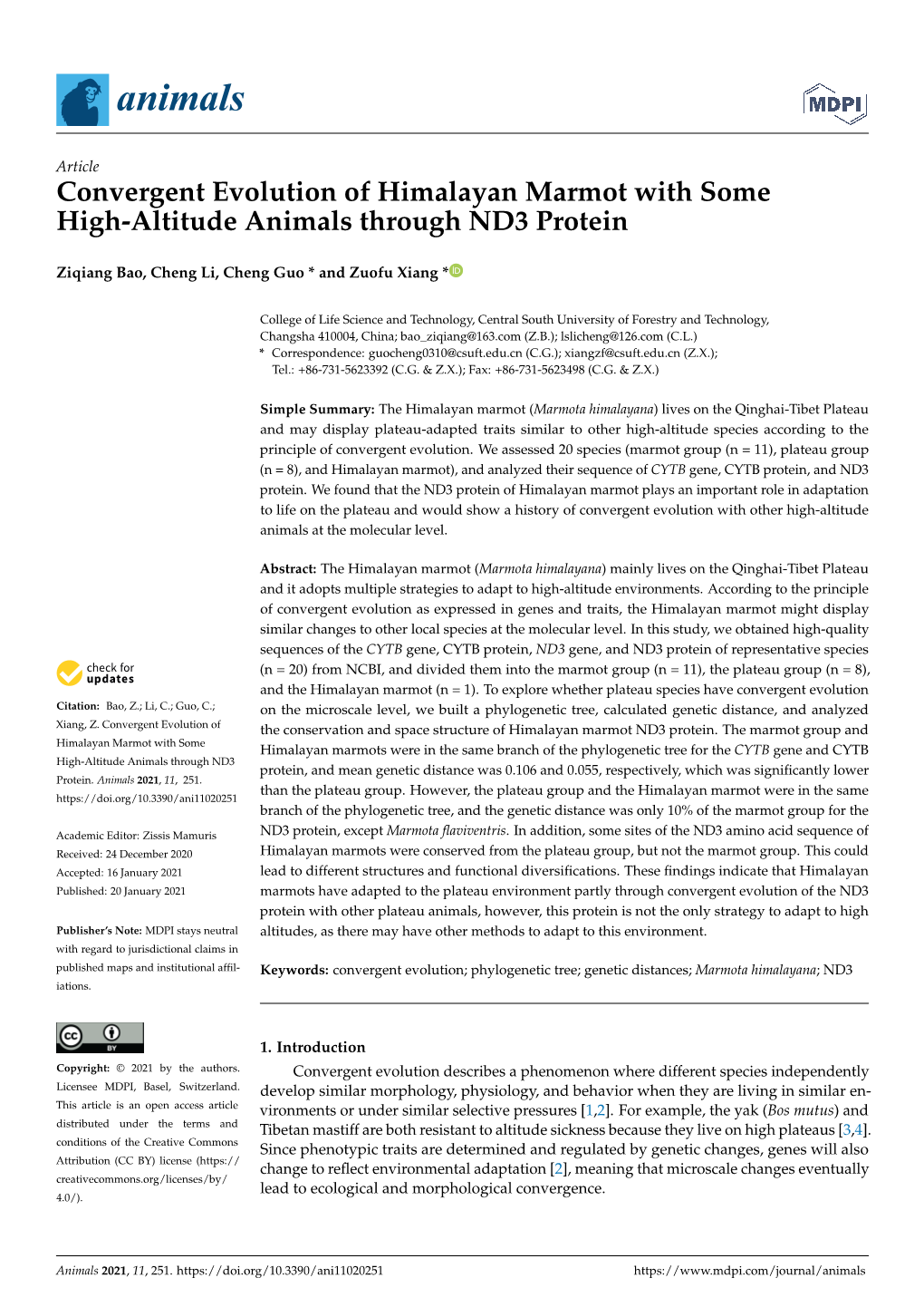 Convergent Evolution of Himalayan Marmot with Some High-Altitude Animals Through ND3 Protein