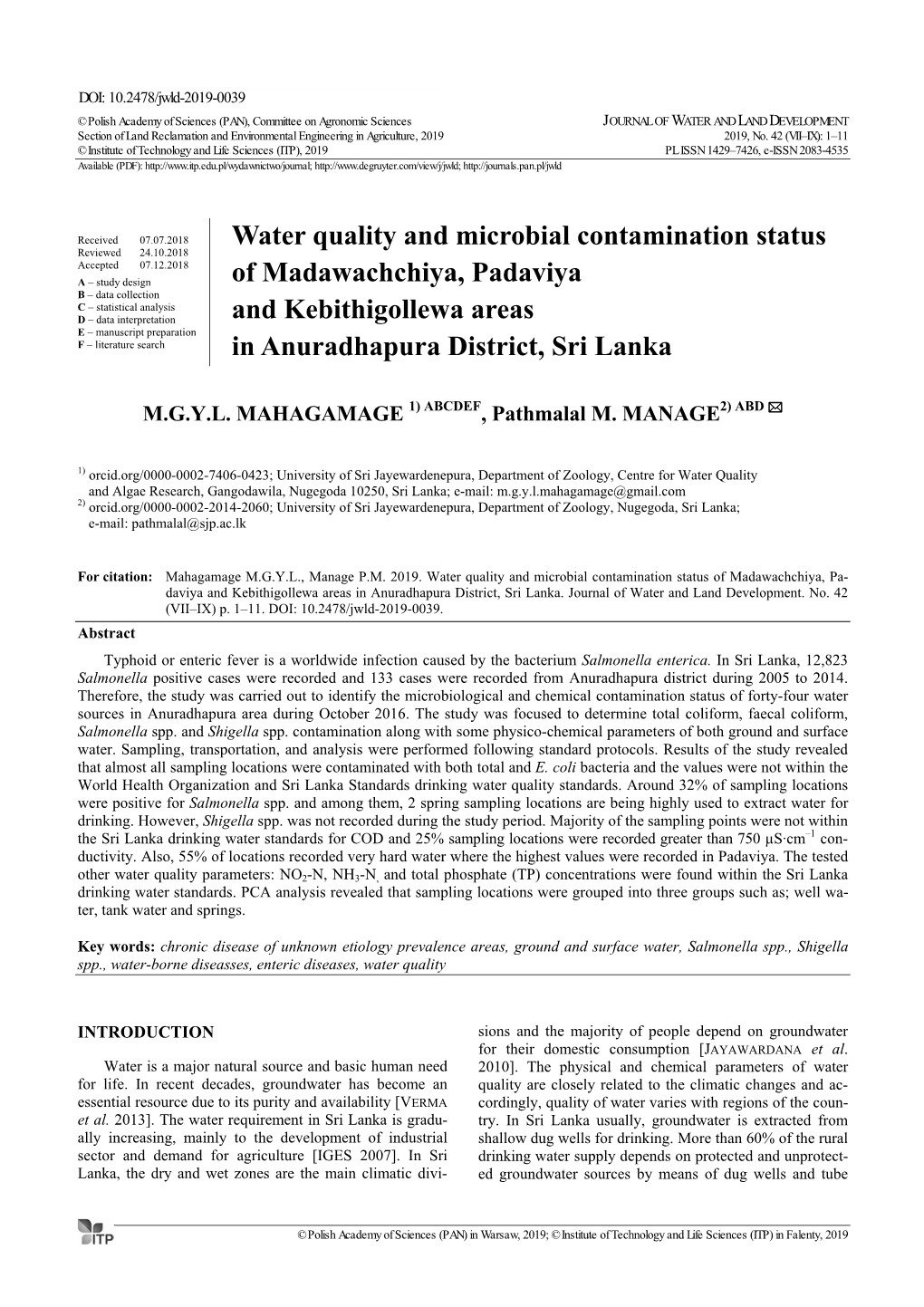 Water Quality and Microbial Contamination Status of Madawachchiya, Padaviya and Kebithigollewa Areas in Anuradhapura District